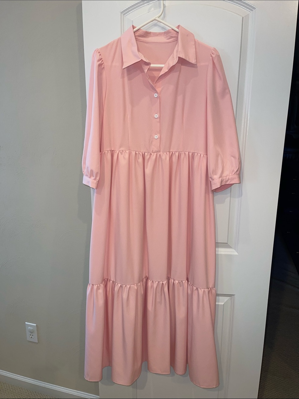 Blush Pink Tiered Button-Up Shirt Dress